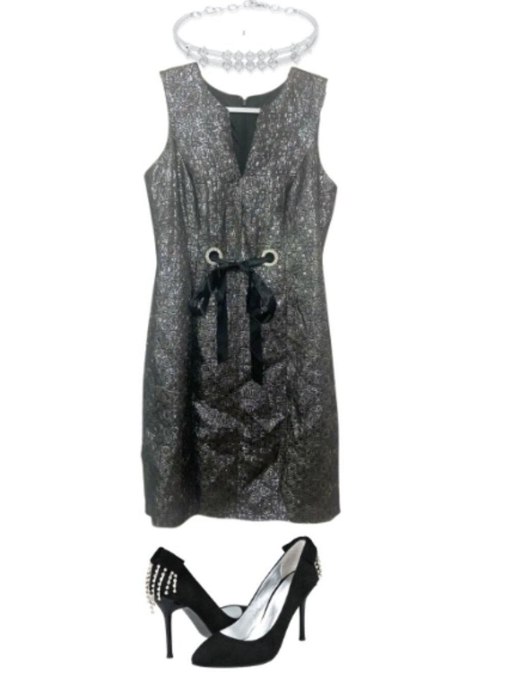 R&M Richards LIKE NEW metallic black/silver split neck sleeveless dress 12